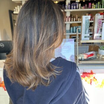 Here's an alt tag for the image: Woman's layered brown hair salon.