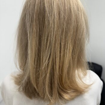 Rear view of blonde shoulder-length hair.